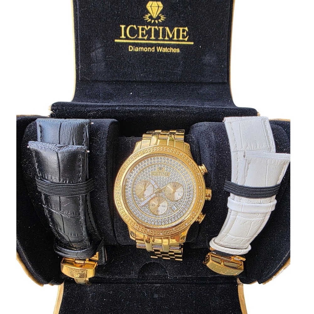 Icetime Prince Mens Diamond Watch Gold Tone Chronograph 3 Straps Set Japan Z2